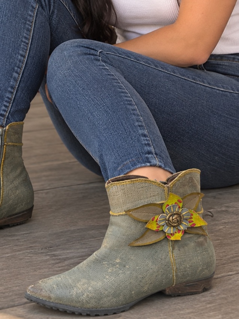Olive Green Floral Accent Ankle Booties